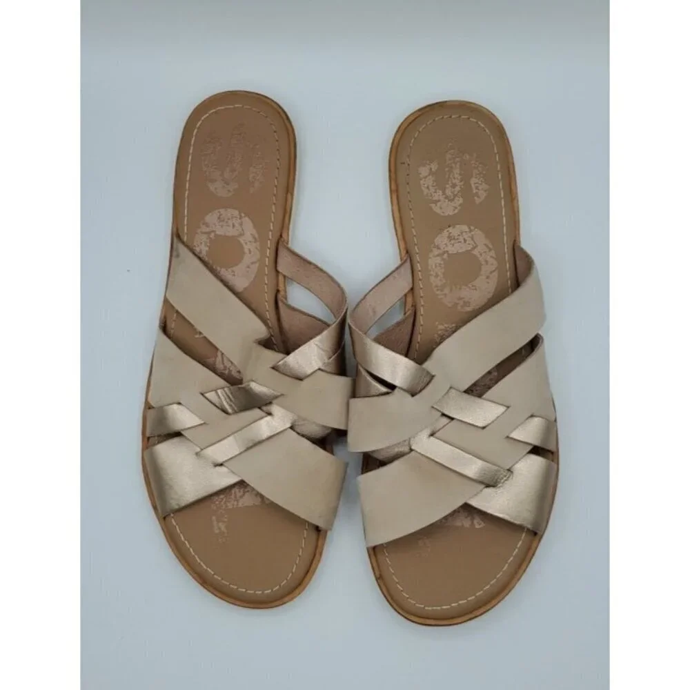 Sorel Ella Women Slide Natural Tan Gold Leather Sz 9 Strappy Criss Cross Straps